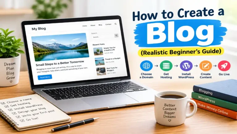 Step-by-step visual guide showing how to create a blog, featuring a laptop, a planning notebook, and the 5 essential setup stages for beginners.